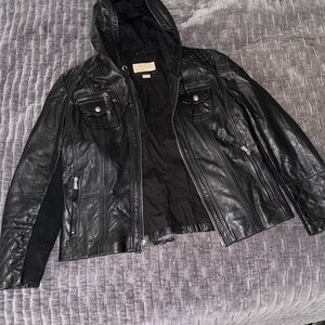 Michael Kors Black Leather Hooded Jacket